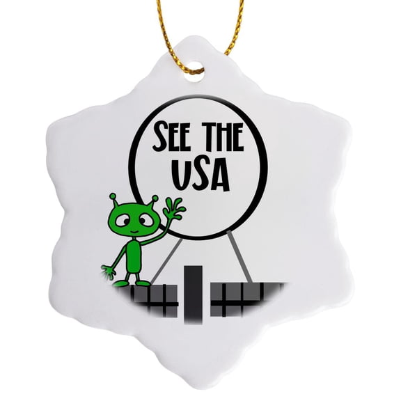 3drose, Cute Funny Martial Alien on Spy Balloon See the Usa Space Satire, 3 inch Snowflake Porcelain Ornament