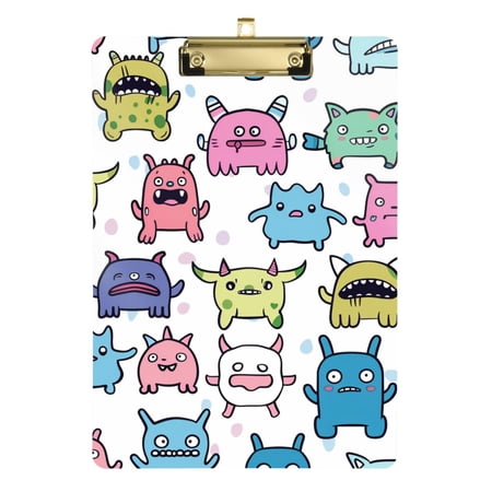 Cute Funny Monster Faces Acrylic Clipboard Drawing Board with Hook Writing Pad File Storage A4 Size Gold 12.5" x 9"