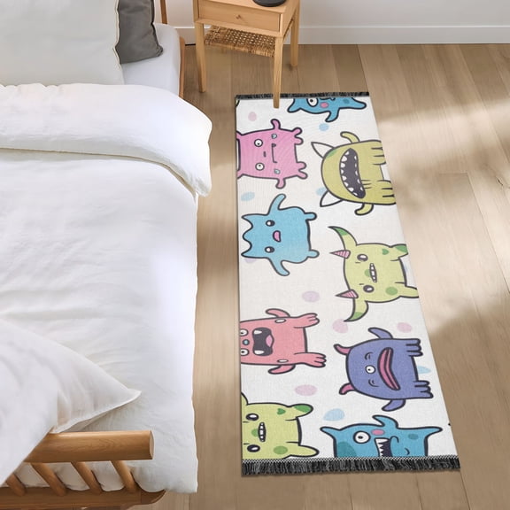 Cute Funny Monster Faces Bedside Runner Rug 2'x 6' Non Slip Carpet Floor Mat Area Rug
