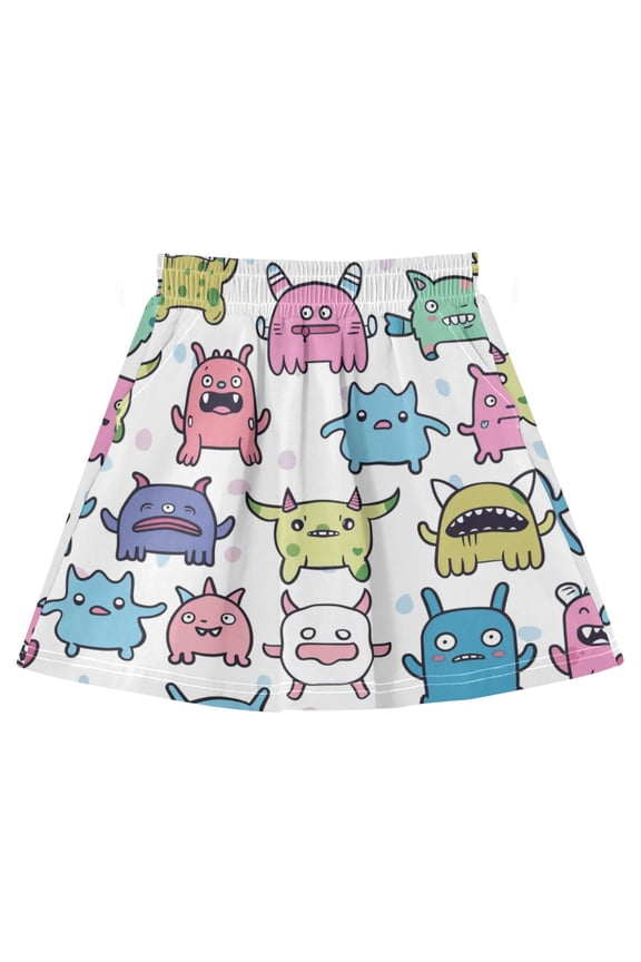 Cute Funny Monster Faces Girls' Skirts A-Line Skirts with Under Dress Shorts Elastic Waist 9-10Y