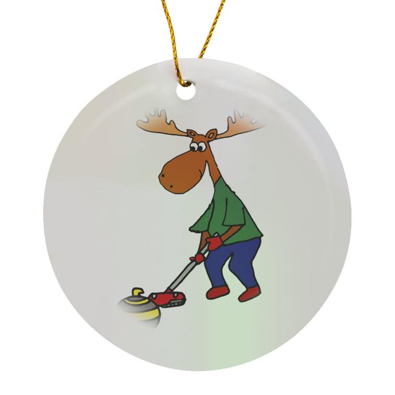 3drose, Cute Funny Moose Curling Sports Cartoon, Circle Porcelain Ornament