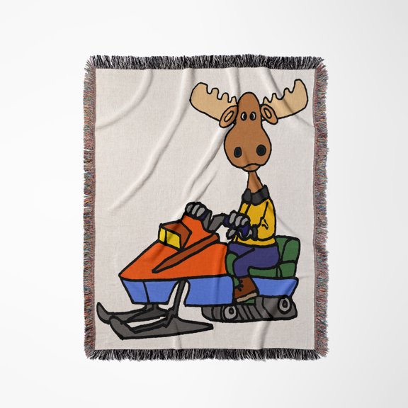 Cute Funny Moose Driving Snowmobile Cartoon, Woven Blanket