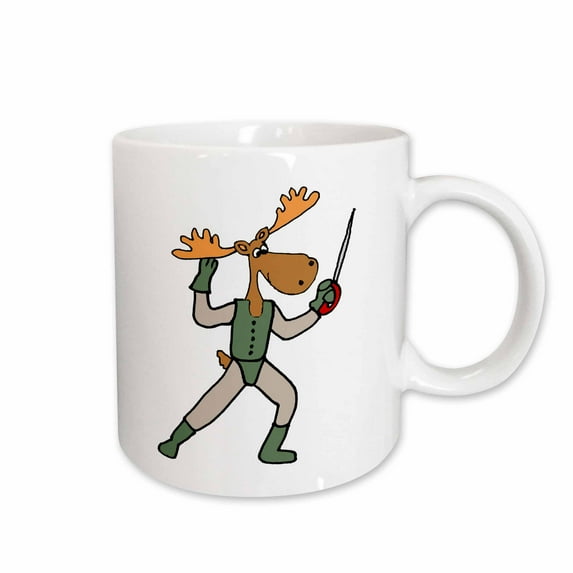 3drose, Cute Funny Moose Fencing Cartoon, 11oz Mug