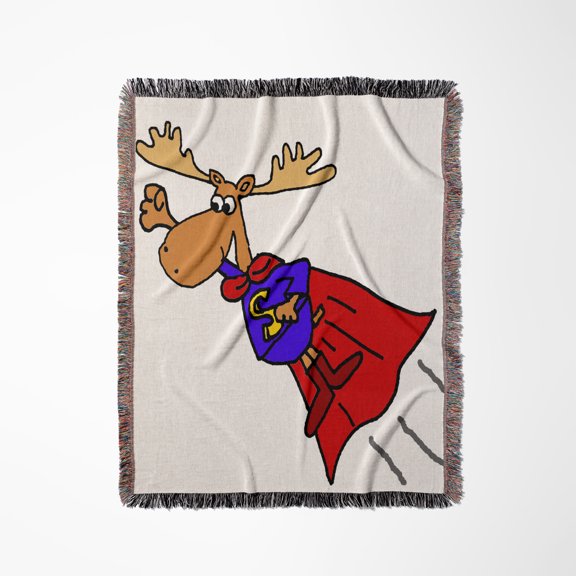 Cute Funny Moose Flying Superhero Cartoon, Woven Blanket