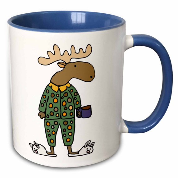 3drose, Cute Funny Moose in Polka Dot Pajamas with Coffee, 11oz Two-tone Blue Mug