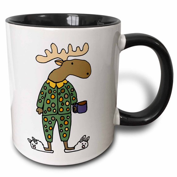 3drose, Cute Funny Moose in Polka Dot Pajamas with Coffee, 15oz Two-tone Black Mug