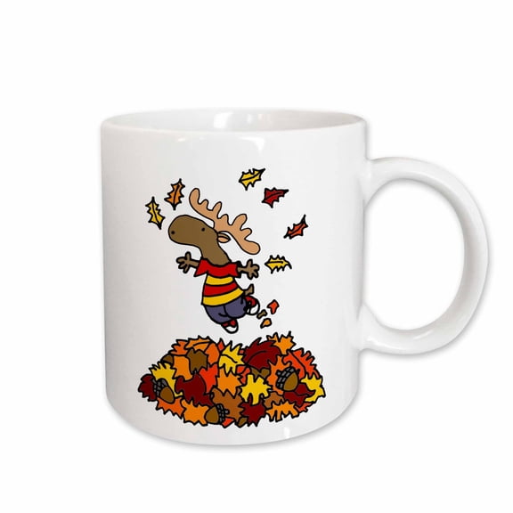 3drose, Cute Funny Moose Jumping in Leaf Pile Cartoon, 11oz Mug