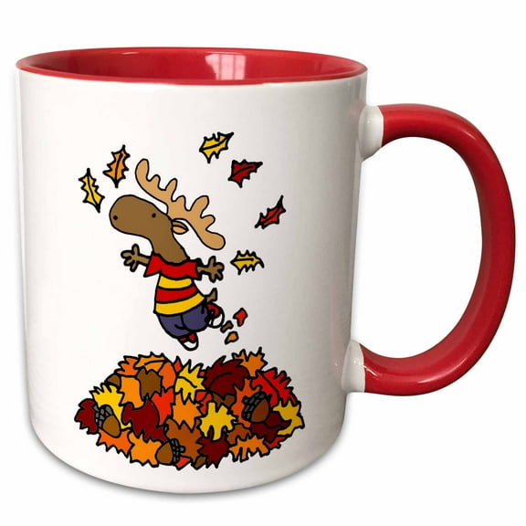3drose, Cute Funny Moose Jumping in Leaf Pile Cartoon, 15oz Two-tone Red Mug