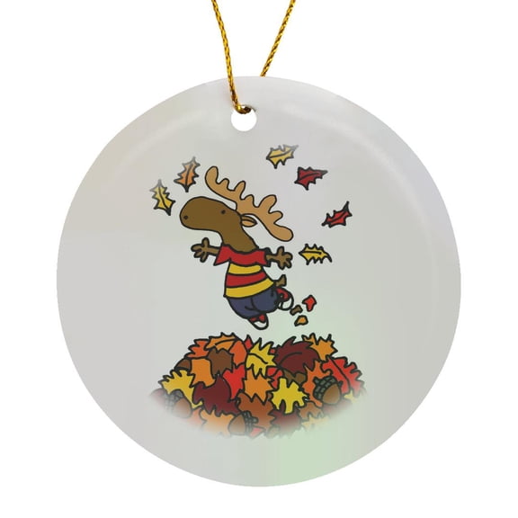3drose, Cute Funny Moose Jumping in Leaf Pile Cartoon, Circle Porcelain Ornament