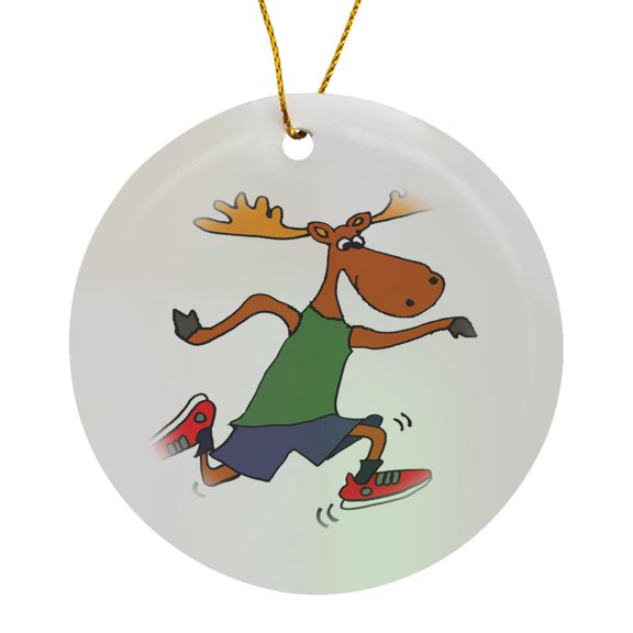 3drose, Cute Funny Moose Running or Jogging Cartoon, Circle Porcelain Ornament