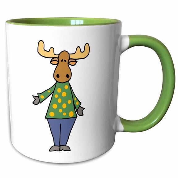 3drose, Cute Funny Moose with Polka Dotted Shirt Cartoon, 11oz Two-tone Green Mug