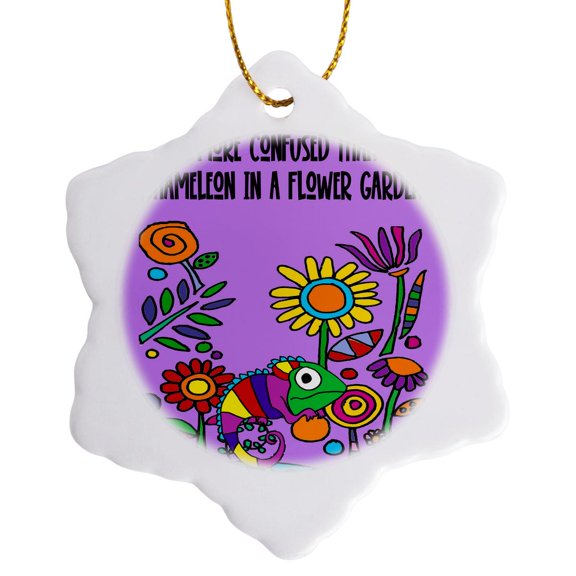 3drose, Cute Funny More Confused Than a Chameleon in a Flower Garden, 3 inch Snowflake Porcelain Ornament
