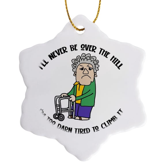 3drose, Cute Funny Old Lady with Walker over the Hill Old Age Cartoon, 3 inch Snowflake Porcelain Ornament