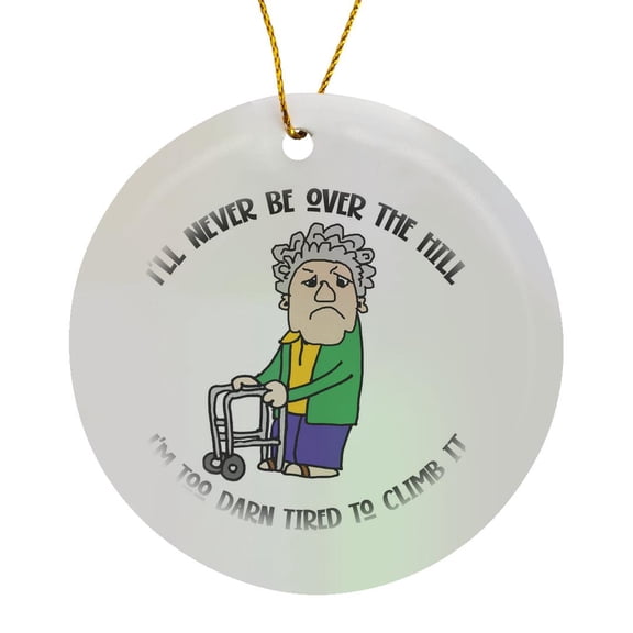 3drose, Cute Funny Old Lady with Walker over the Hill Old Age Cartoon, Circle Porcelain Ornament