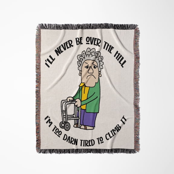 Cute Funny Old Lady With Walker Over The Hill Old Age Cartoon, Woven Blanket