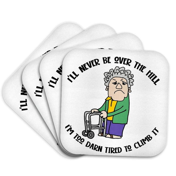 3drose, Cute Funny Old Lady with Walker over the Hill Old Age Cartoon, Set of 4 Coasters - Soft