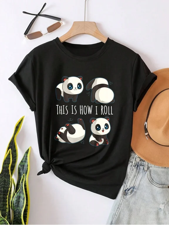 Cute Funny Panda Bear Rolling Graphic T-Shirt for Women, Playful Animal Print Casual Tee Top
