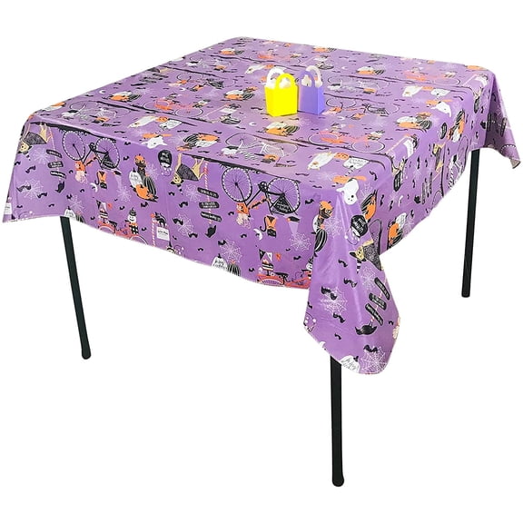 Serafina Home Cute Funny Pets Halloween Flannel Backed Vinyl Tablecloth: Spooky Bats Jacks Cats and Dogs 52" x 52"