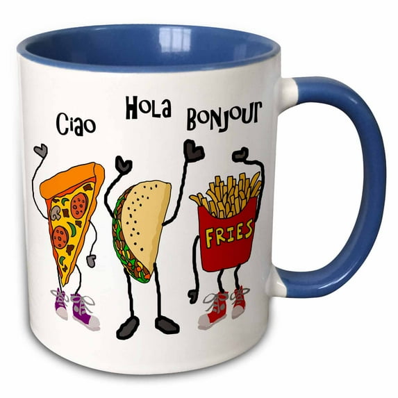 3drose, Cute Funny Pizza, Taco, and French Fries International Cartoon, 11oz Two-tone Blue Mug