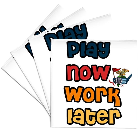 3drose, Cute Funny Play Now Work Later Golf Golfer Play Golf Sports Cartoon, Set of 4 Ceramic Tile Coasters