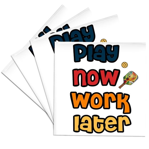 3drose, Cute Funny Play Now Work Later Pickleball Player Sports Cartoon, Set of 4 Ceramic Tile Coasters