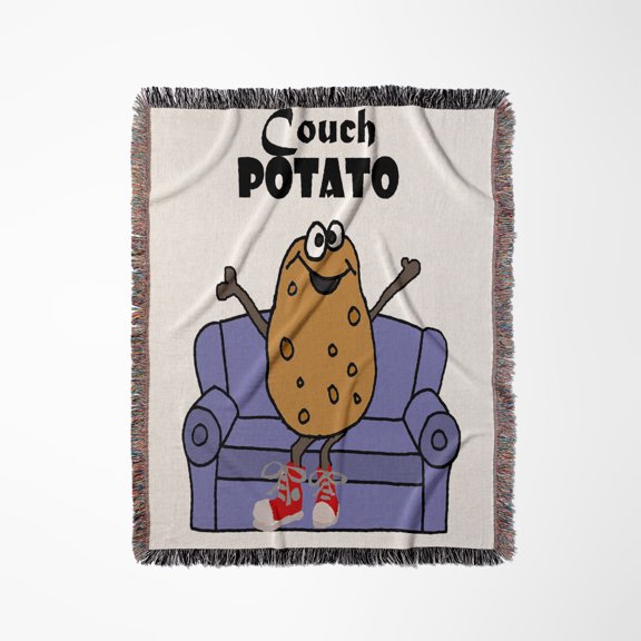 Cute Funny Potato Sitting On Couch Is Couch Potato Satire, Woven Blanket