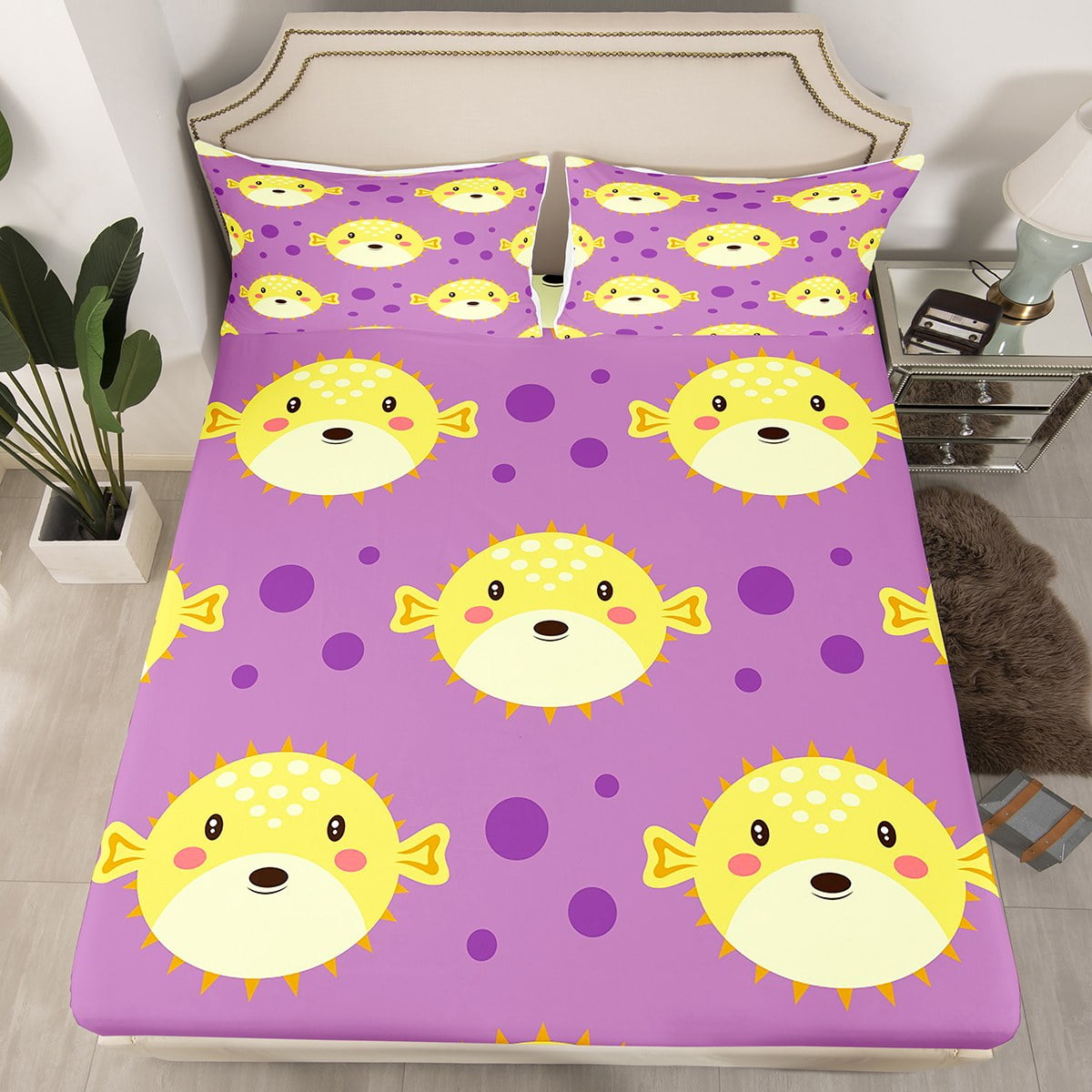 Cute Funny Puffer Fish Bed Sheets Full Size Kids Cartoon Ocean Animals