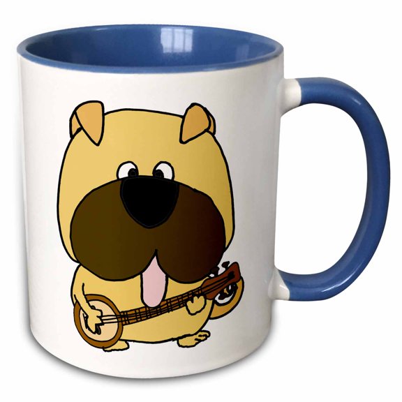 3drose, Cute Funny Pug Dog Playing Banjo Cartoon, 15oz Two-tone Blue Mug