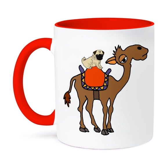 3dRose, Cute Funny Pug Dog Riding Camel Cartoon, 15oz Two-Tone Red Mug
