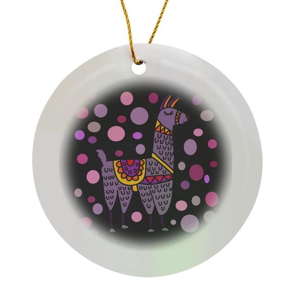 3drose, Cute Funny Purple Llama and Circles Abstract Art, Circle Porcelain Ornament