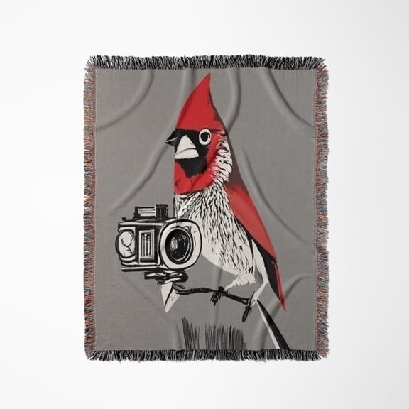 Cute Funny Red Cardinal Bird Photographer With Camera Photography , Woven Blanket
