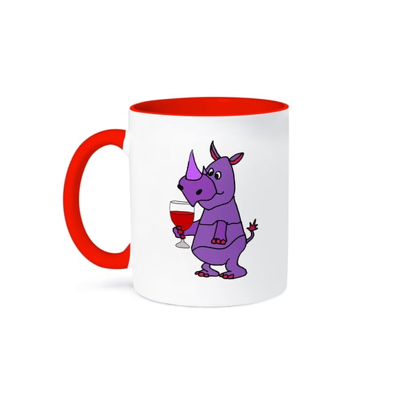 3dRose, Cute Funny Rhino Drinking Red Wine Cartoon, 15oz Two-Tone Red Mug