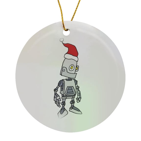 3drose, Cute Funny Robot Wearing Santa Hat Christmas Technology Cartoon, Circle Porcelain Ornament