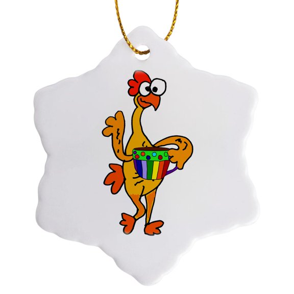 3drose, Cute Funny Rubber Chicken Drinking Coffee Cartoon, 3 inch Snowflake Porcelain Ornament