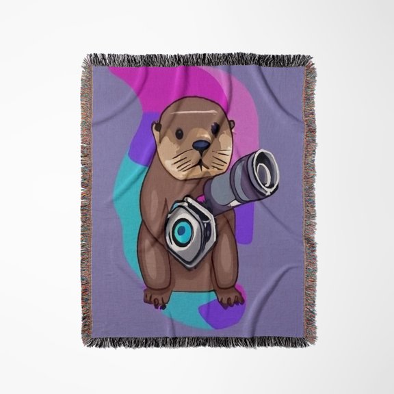 Cute Funny Sea Otter Photographer With Camera Photography Cubism, Woven Blanket
