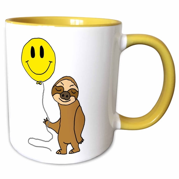 3drose, Cute Funny Sloth with Smiling Face Balloon Cartoon, 11oz Two-tone Yellow Mug