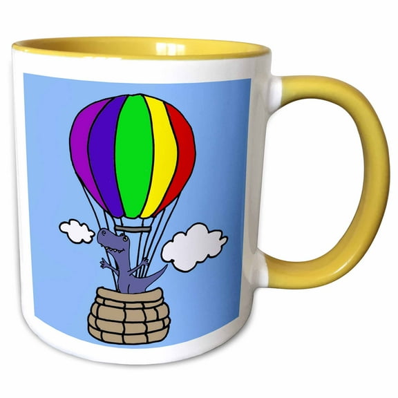 3drose, Cute Funny T-rex Dinosaur in Hot Air Balloon Cartoon, 11oz Two-tone Yellow Mug