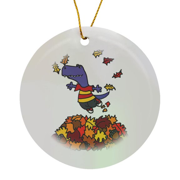 3drose, Cute Funny T-rex Dinosaur Jumping in Leaf Pile Cartoon, Circle Porcelain Ornament