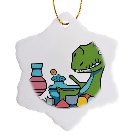 3drose, Cute Funny T-rex Dinosaur Making Pottery with Clay and Throwing, 3 inch Snowflake Porcelain Ornament