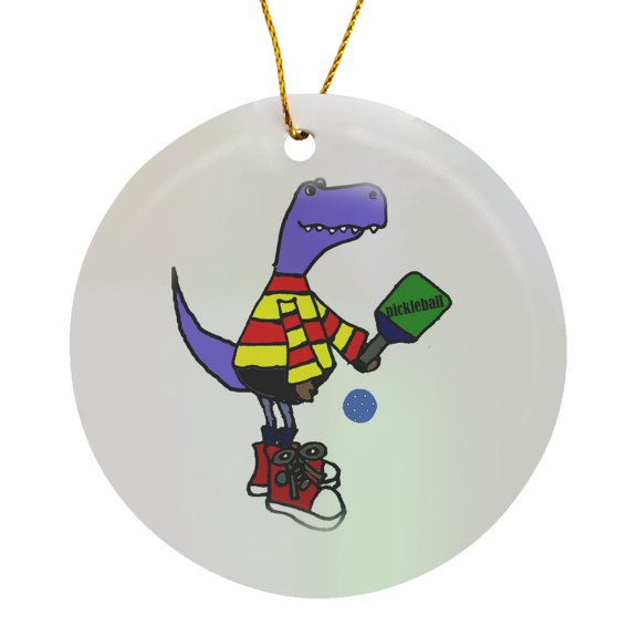 3drose, Cute Funny T-rex Dinosaur Playing Pickleball Sport Cartoon, Circle Porcelain Ornament
