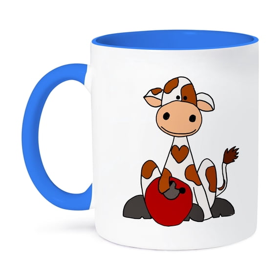3dRose, Cute Funny Unique Brown and White Cow Bowling Cartoon, 11oz Two-Tone Blue Mug