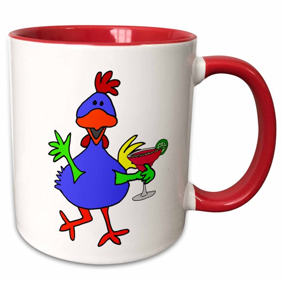 3drose, Cute Funny Unique Funky Chicken Drinking Margarita Cartoon, 11oz Two-tone Red Mug
