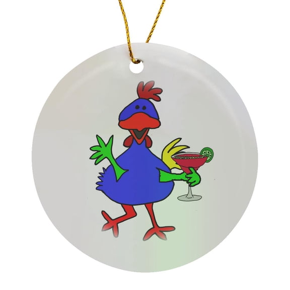3drose, Cute Funny Unique Funky Chicken Drinking Margarita Cartoon, Circle Porcelain Ornament