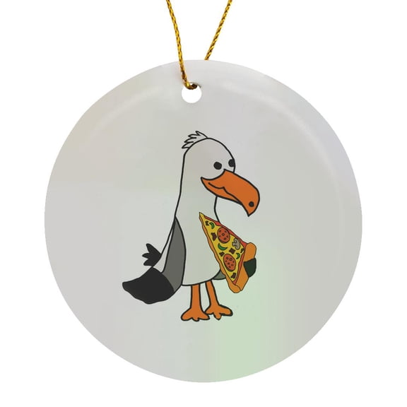 Cute Funny Unique Seagull Eating Pizza Slice Beach Cartoon, Circle Porcelain Ornament