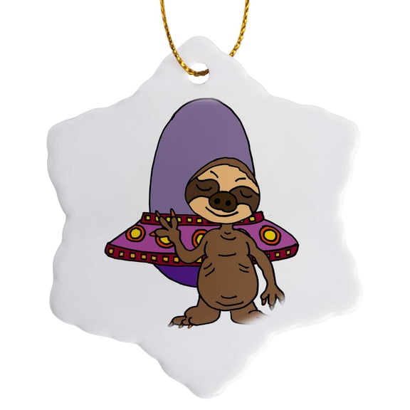 3drose, Cute Funny Unique Sloth Et Alien and Spaceship Cartoon, 3 inch Snowflake Porcelain Ornament