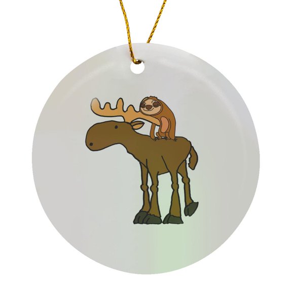 3drose, Cute Funny Unique Sloth Riding Moose Cartoon, Circle Porcelain Ornament