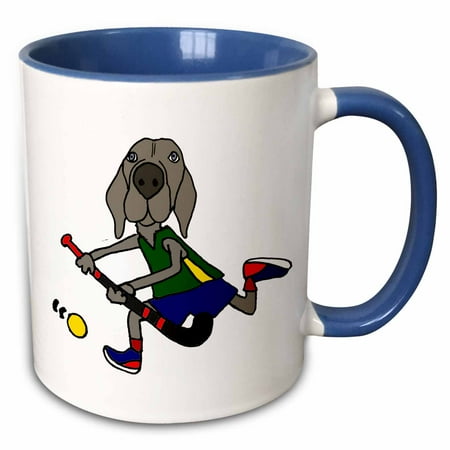 3drose, Cute Funny Weimaraner Dog Playing Field Hockey Cartoon, 15oz Two-tone Blue Mug