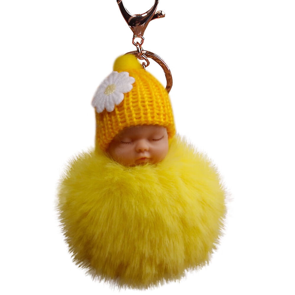 Cute Fur Fluffy Pompom Sleeping Baby Doll Key Chains Keyrings Bags