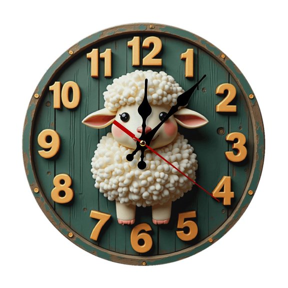 Cute Furry Sheep Wall Clock 10 Inch Silent Non Ticking Round Wooden Clock Decoration for Living Room Kitchen Bedroom Bathroom Office Classroom