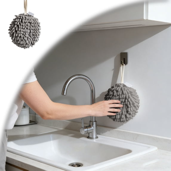 Cute Fuzzy Chenille Hand Towel Ball with Hanging Loops, Hanging Hand Towels for Bathroom Kitchen Quick Dry, Absorbent Hand Bath Towel